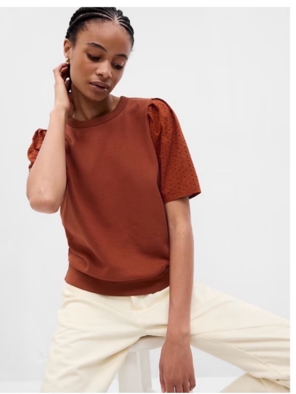 GAP Rust Orange Eyelet Puff Sleeve Top Size Large
